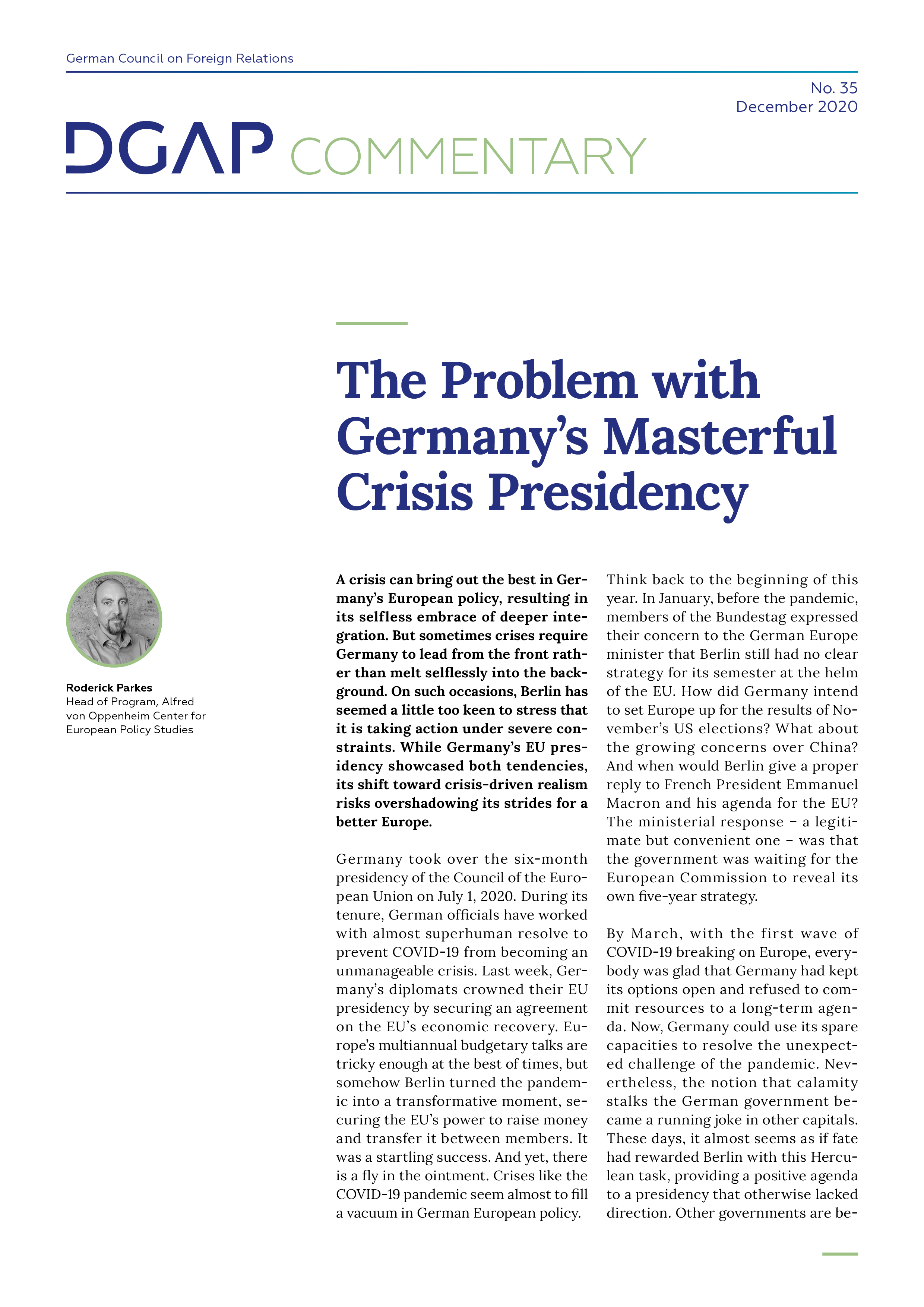 Screenshot of cover page of DGAP Commentary No. 35