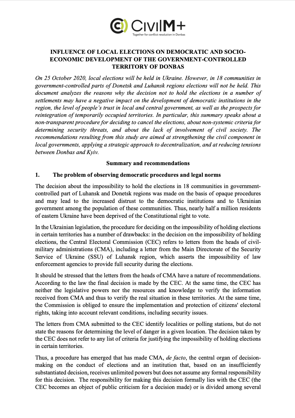 Influence of local elections on democratic and socio-economic development of the government-controlled territory of Donbas