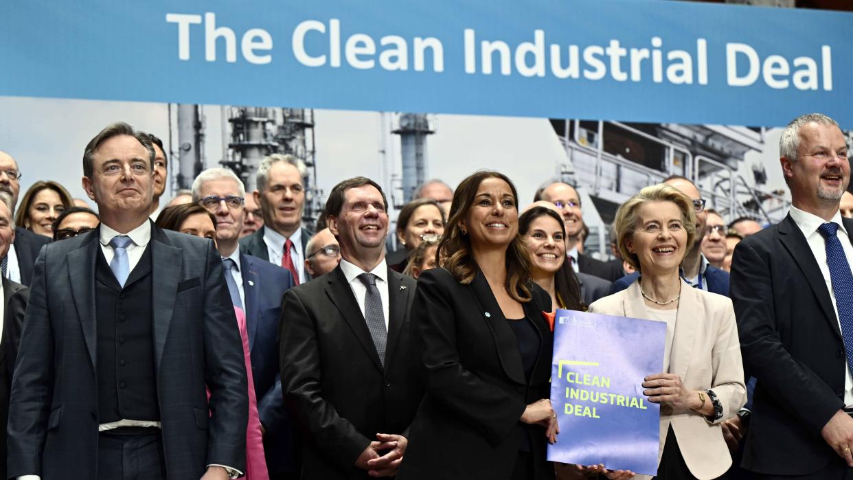 Prime Minister Bart De Wever, Syensqo CEO Ilham Kadri and European Commission President Ursula Von der Leyen pictured during the Clean Industrial Deal Event