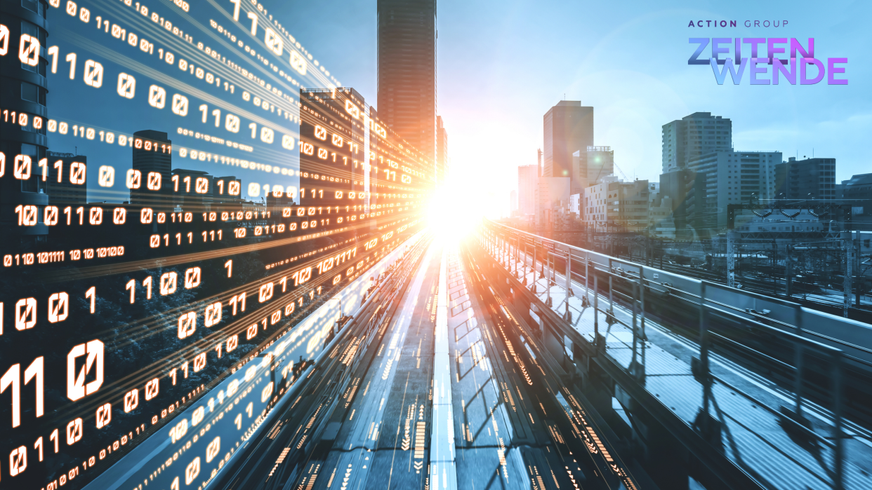 Image: A city skyline with binary code radiating from the sun