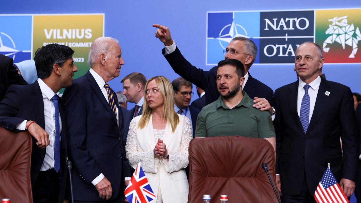 Picture: Ukraine's President Volodymyr Zelenskiy, British Prime Minister Rishi Sunak, U.S. President Joe Biden, Italian Prime Minister Giorgia Meloni and NATO Secretary-General Jens Stoltenberg attend a meeting of the NATO-Ukraine council, during a NATO leaders summit in Vilnius, Lithuania, July 12, 2023.