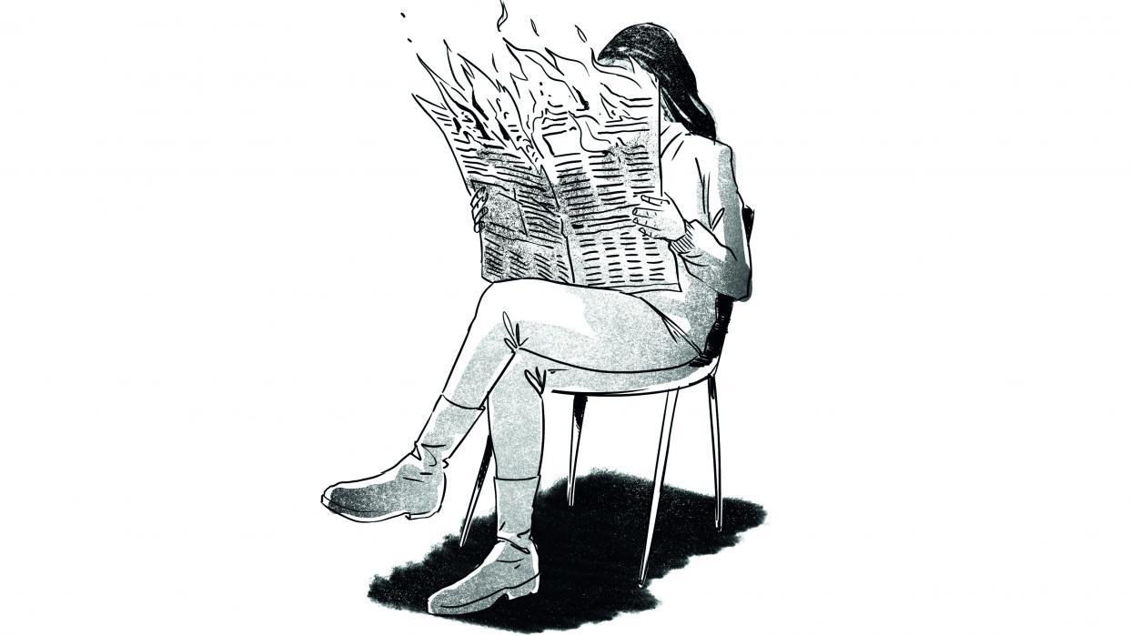 Zeichnung Frau mit brennender Zeitung