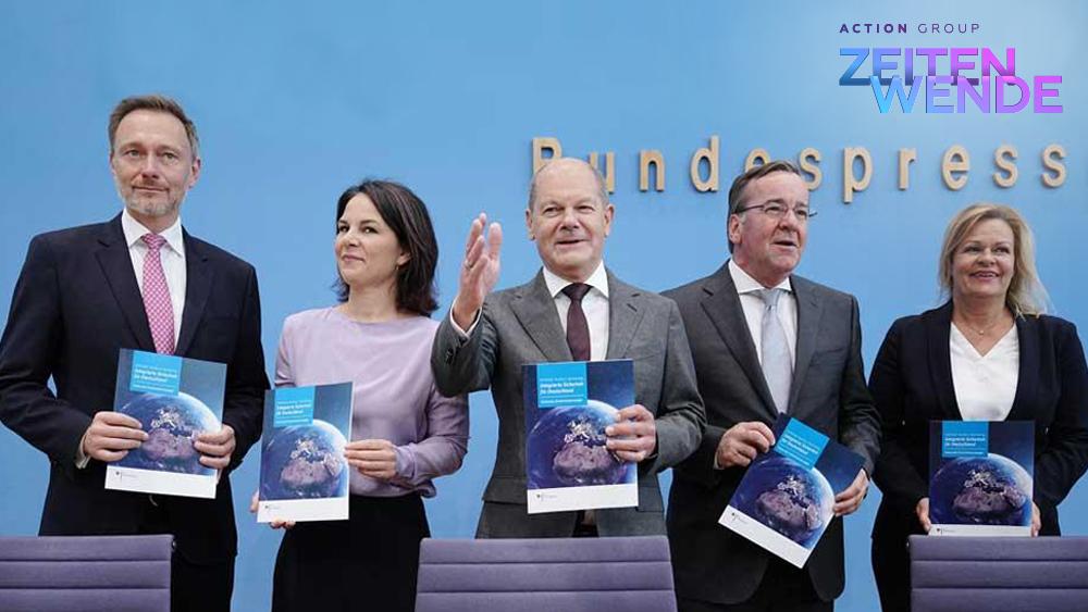 Bild: Lindner, Baerbock, Scholz, Pistorius und Faeser bei der Präsentation der Nationalen Sicherheitsstrategie