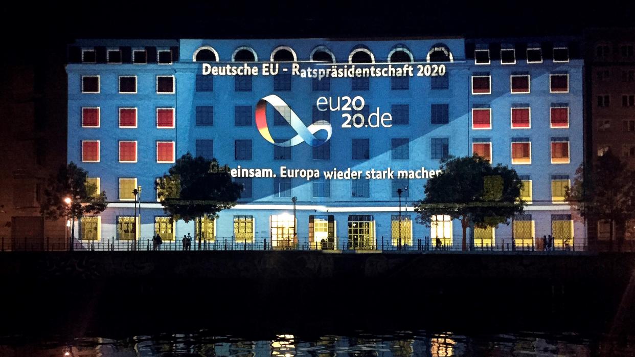 Photo of logo of Germany's EU Council presidency projected onto a government building during Berlin's Festival of Lights in September 2019