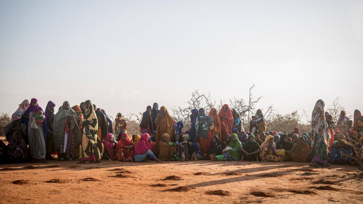 Photo of women and children after being displaced by drought