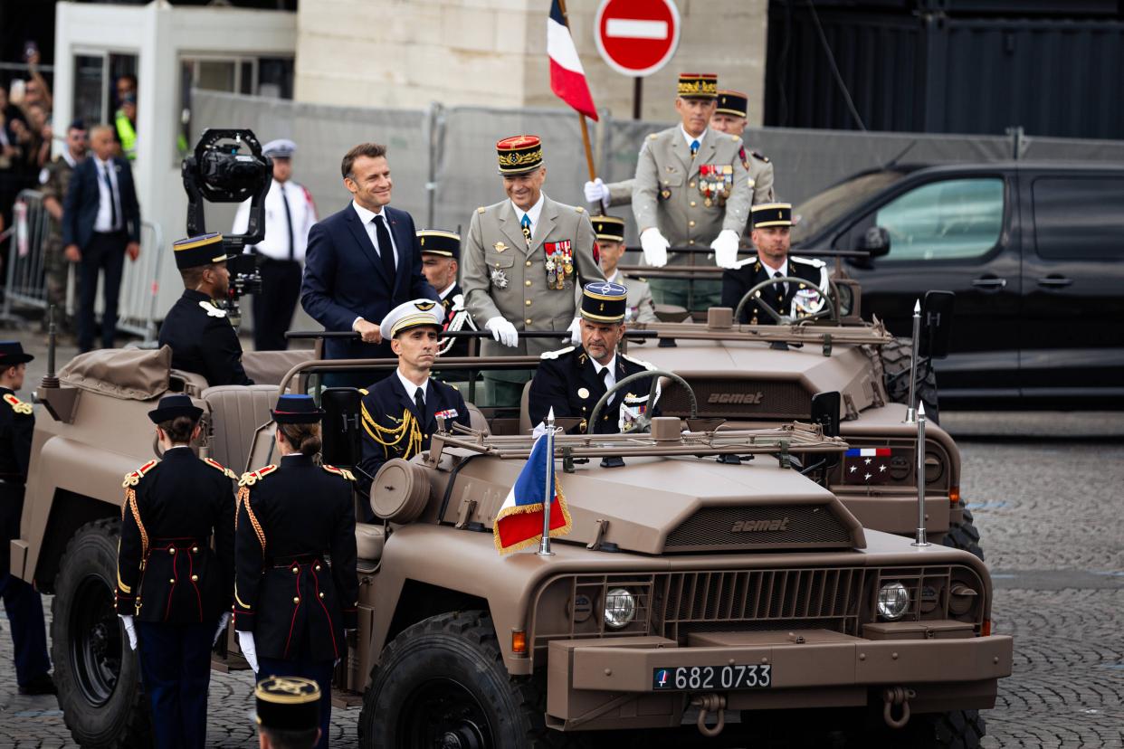 July 14, 2025, Paris,July 14, 2025, Paris, France: Emmanuel Macron and General Thierry Bukhard