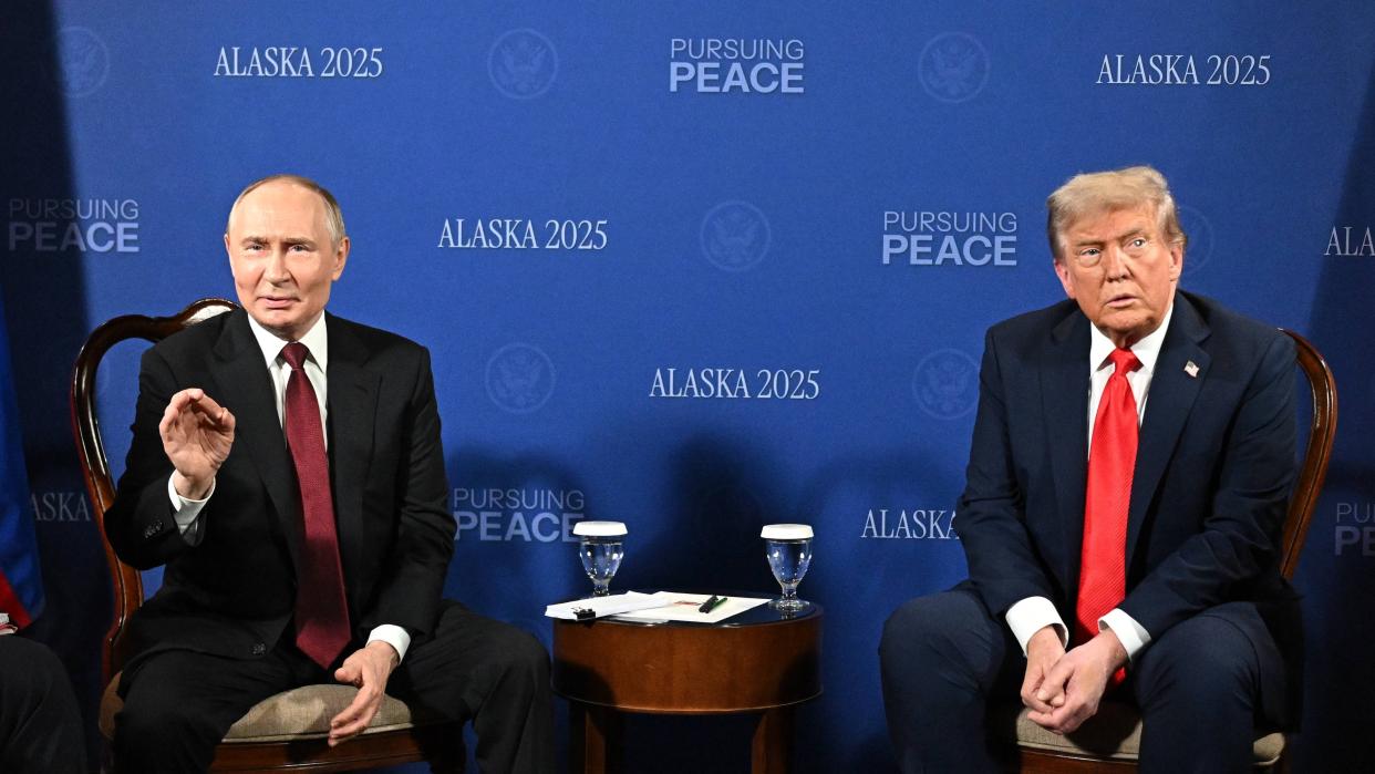 Vladimir Putin and Donald Trump attending a meeting at Joint Base Elmendorf-Richardson in Anchorage, Alaska on August 15, 2025