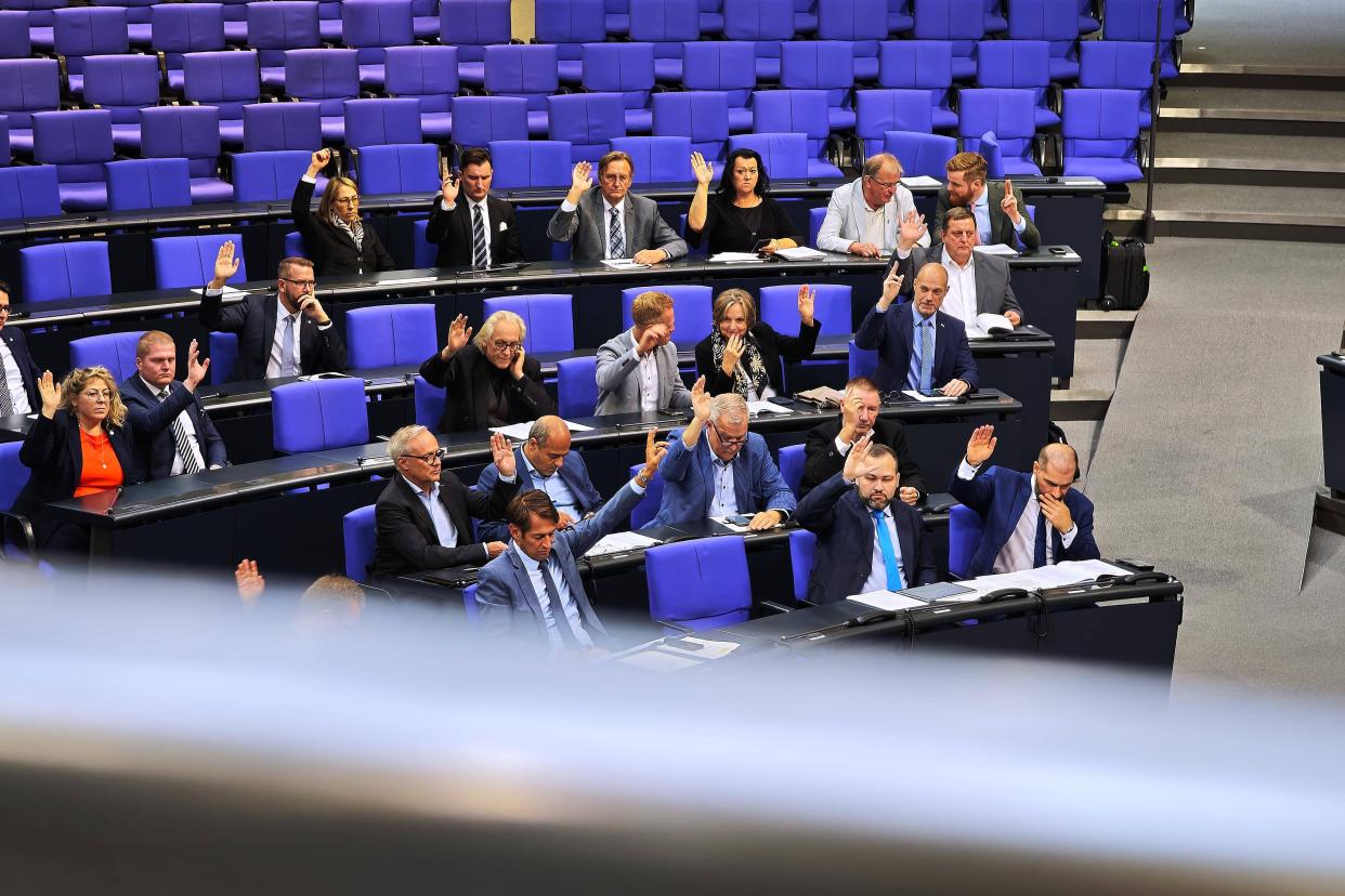 Abgeordnete der AfD heben die Hand bei einer Abstimmung