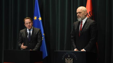 European Commissioner for Neighbourhood and Enlargement Oliver Varhelyi (L) speaks during a joint press conference with Albanian Prime Minister Edi Rama in Tirana, Albania, Jan. 16, 2020.