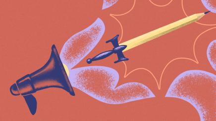 Bild: Grafische Illustration eines Schwertes dessen Spitze in einen Stift übergeht