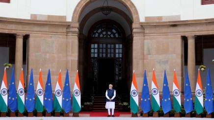 India's Prime Minister Narendra Modi waits to receive European Commission President Ursula von der Leyen at the Hyderabad House in New Delhi, India, February 28, 2025.