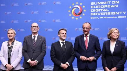 France's Minister Delegate for Artificial Intelligence and Digital Affairs Anne Le Henanff, French Minister for Economy, Finance, and Industrial, Energy and Digital Sovereignty Roland Lescure, French President Emmanuel Macron, German Chancellor Friedrich Merz and Executive Vice-president of the European Commission for Technological Sovereignty, Security and Democracy Henna Virkkunen attend a Summit on European Digital Sovereignty, a high-level Franco-German meeting on Europe's digital future.
