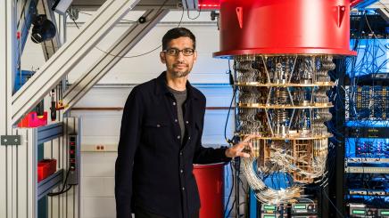 A handout picture from October 2019 shows Sundar Pichai with one of Google's Quantum Computers in the Santa Barbara lab, California, U.S. Picture taken in October 2019.