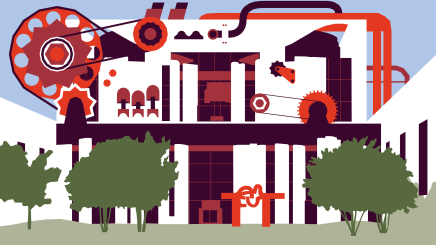 An illustraion showing the German chancellery as a machine