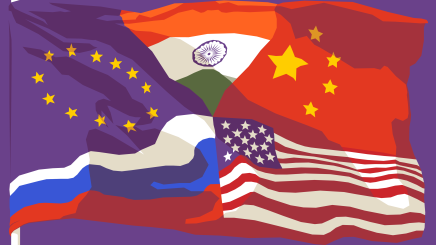 The flags of the EU, India, Russia, China, and the Untied States