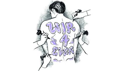 Bild: Zeichnung eines Mannes auf dessen Rücken "Wir 4 ever" tätowiert wird