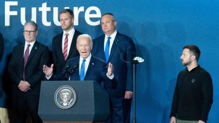 Prime Minister Sir Keir Starmer and Ukrainian President Volodymyr Zelenskyy look on as US President Joe Biden speaks, where he introduced Ukrainian president Volodymyr Zelensky as "President Putin" during the closing ceremony, at an event on the Ukraine Compact at the Nato 75th anniversary summit at the Walter E. Washington Convention Center, in Washington DC, July 11, 2024.