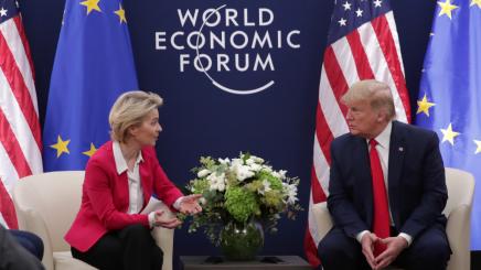 US President Donald Trump attends a bilateral meeting with European Commission President Ursula von der Leyen during the 50th World Economic Forum (WEF) annual meeting in Davos, Switzerland, January 21, 2020.
