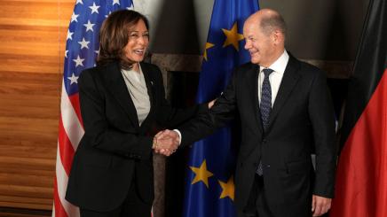 German Chancellor Olaf Scholz and U.S. Vice President Kamala Harris attend the their bilateral meeting at the Munich Security Conference in Munich, Germany February 17, 2023.