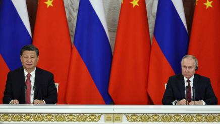 Russian President Vladimir Putin and Chinese President Xi Jinping attend a joint statement following their talks at the Kremlin in Moscow, Russia March 21, 2023.