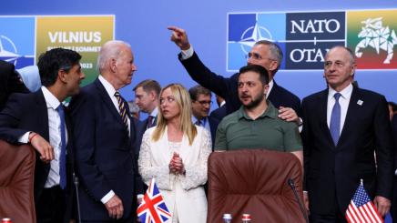 Picture: Ukraine's President Volodymyr Zelenskiy, British Prime Minister Rishi Sunak, U.S. President Joe Biden, Italian Prime Minister Giorgia Meloni and NATO Secretary-General Jens Stoltenberg attend a meeting of the NATO-Ukraine council, during a NATO leaders summit in Vilnius, Lithuania, July 12, 2023.