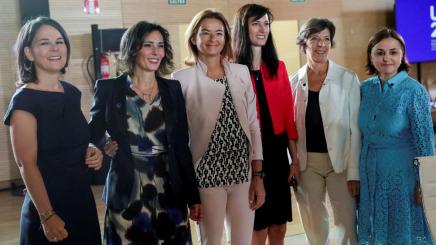 Germany's Foreign Minister Annalena Baerbock, Belgium's Foreign Minister Hadja Lahbib, Slovenia's Foreign Minister Tanja Fajon, Bulgaria's Foreign Minister Mariya Gabriel, France's Foreign Minister and European Affairs Minister Catherine Colonna and Romania's Foreign Minister Luminita Odobescu pose for a photo during an informal meeting of EU foreign ministers in Toledo, Spain, August 31, 2023.
