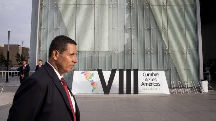 Security staff watch the vicinity of the Conventions Center where the 8th Summit of the Americas will be celebrated the 13 and 14 April, in Lima, Peru, 12 April 2018.