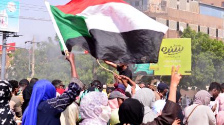 Sudanese protesters chant during a protest on Sixty street in the east of the capital Khartoum, on June 30, 2020.
