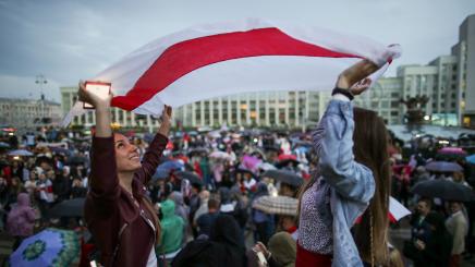Photo of Belarusians taking part in a protest rally in Minsk’s Independence Square.