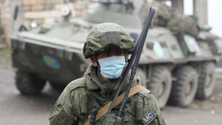 Photo ofn a Russian peacekeeper along the contact line in Nagorno-Karabakh