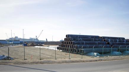 Photo of pipeline pipes for transporting natural gas stored in the seaport of Sassnitz-Mukran