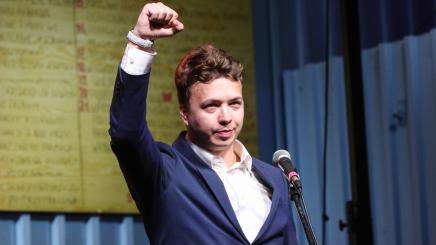 Roman Protasevich former editor in chief of the Nexta (or Nehta) Telegram and youtube channel initiator covering the Belarusian protests, speaking during the rally are seen in Gdansk, Poland on 31 August 2020 Belarusians living in Gdansk and their Polish supporters attend Solidarity with Belarus rally in Gdansk, to support protesters in Belarus.