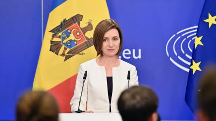 Maia Sandu bei einer Pressekonferenz zum EU-Assoziierungsabkommen mit der Republik Moldau lim Europäischen Parlament.