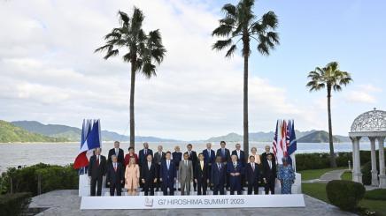 Members of the Group of Seven leaders pose together with the guest nations for the official family photo on the second day of the G7 Summit at the Grand Prince Hotel, May 20, 2023 in in Hiroshima, Japan.