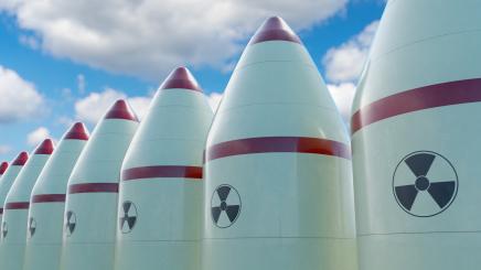 3D rendered illustration of many nuclear missiles