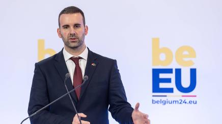 Montenegro Montenegrin Prime Minister Milojko Spajic at a press conference in Brussels